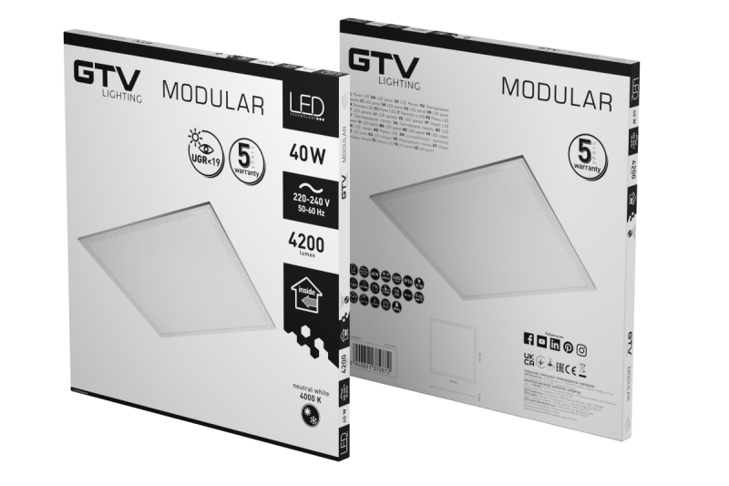 LED-valaisin MODULAARINEN, takalevy, 60x60cm, 4000K, 40W, 4200lm, AC220-240V, PF>0,9, IP54, 5y, UGR<19 1208963000