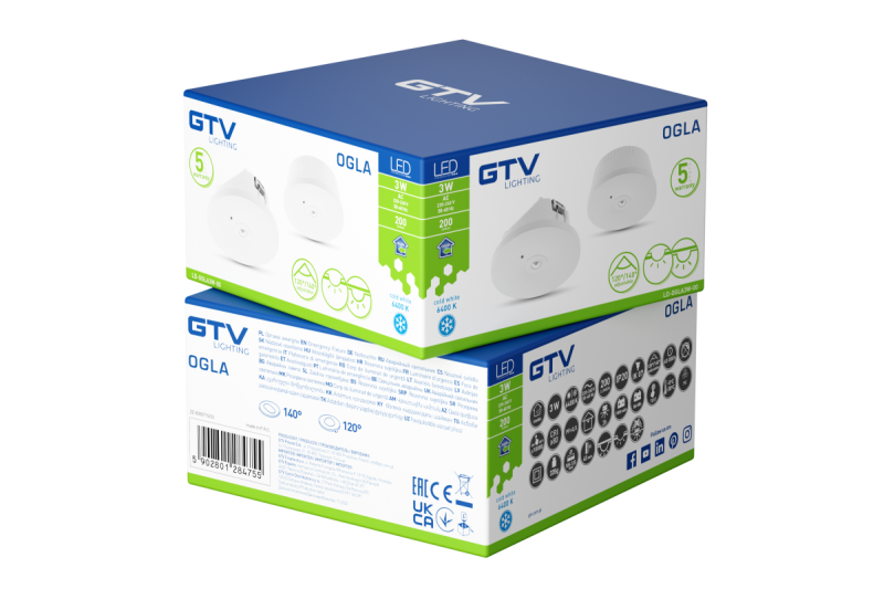 Hätävalaisin OGLA LED, 3W, 200lm, AC220-240V, 50-60Hz, IP20, 6400K, 3H, yksittäinen tehtävä, TEST-painike 1208963016