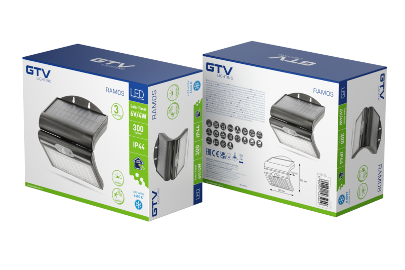 RAMOS Solar Facade Valaisin Liike-/Hämärätunnistimella, 50W, 300lm, 3,7V 1800mAh, IP44, 6000K, Musta 1208963115