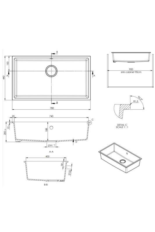GraniteMy Universele grote witte granieten spoelbak 74x40 cm wit, geschikt voor opbouw, onderbouw en vlakbouw, met roestvrijstalen plug 1208967111