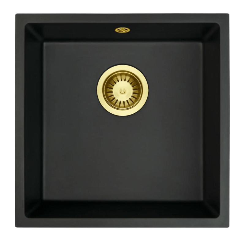 GraniteMy Universal granite black sink 40x40 cm black top-mounted undermount and flush-mount with gold plug 1208967113