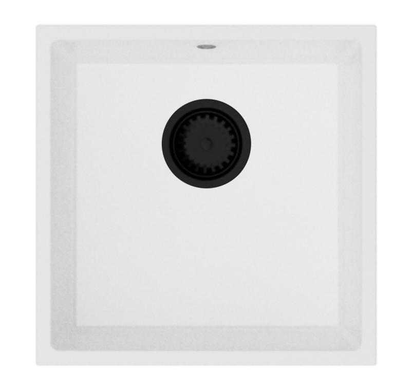 GraniteMy Universele granieten witte spoelbak 40x40 cm valkoinen pintakiinnitys, upotus ja tasoasu mustalla tulpalla 1208967128