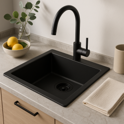 GraniteMy Universeel granieten zwarte spoelbak 34x40 cm zwart opbouw onderbouw en vlakbouw met zwarte plug 1208967143