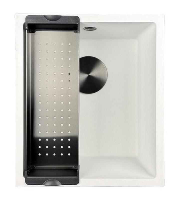 GraniteMy Universele witte granieten spoelbak 34x40 cm valkoinen asennus päältä, alta ja tasoon mustalla tulpalla 1208967147