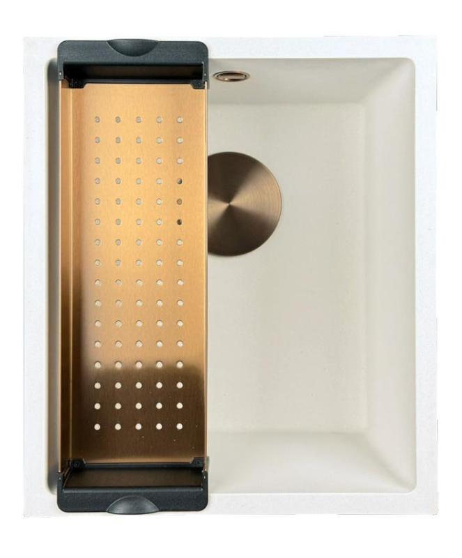 GraniteMy Universele granieten witte gootsteen 34x40 cm wit, opbouw, onderbouw en vlakbouw met koperen plug 1208967148