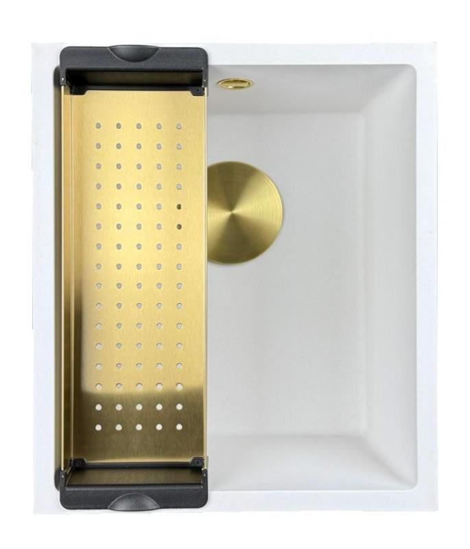 GraniteMy Universal graniittinen valkoinen pesuallas 34x40 cm valkoinen, asennustavat: päälle asennettava, alta asennettava ja tasoon asennettava, kultainen tulppa 1208967149