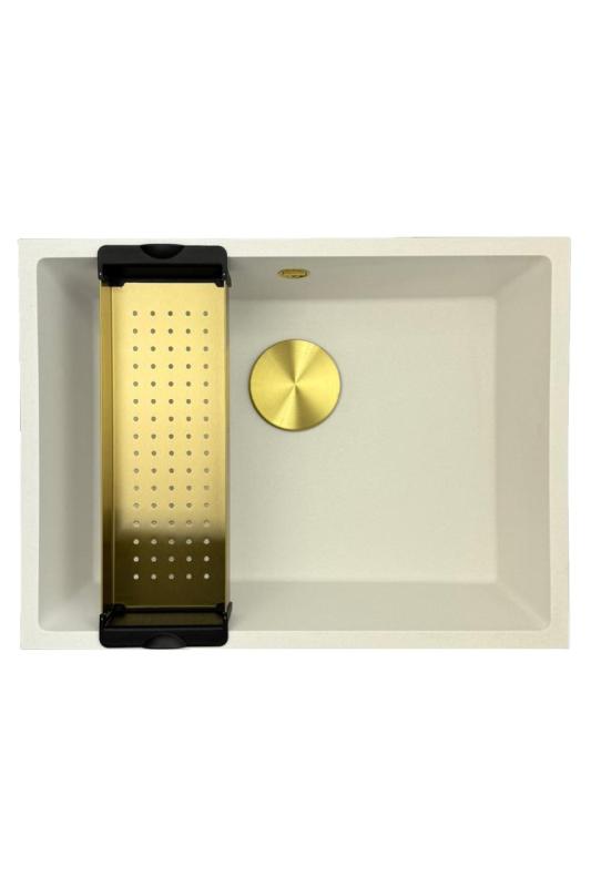 GraniteMy Universal graniittinen valkoinen pesuallas 55x40 cm valkoinen pinta-asennus, alta-asennus ja tasoasennus kultaisella tulppa 1208967155