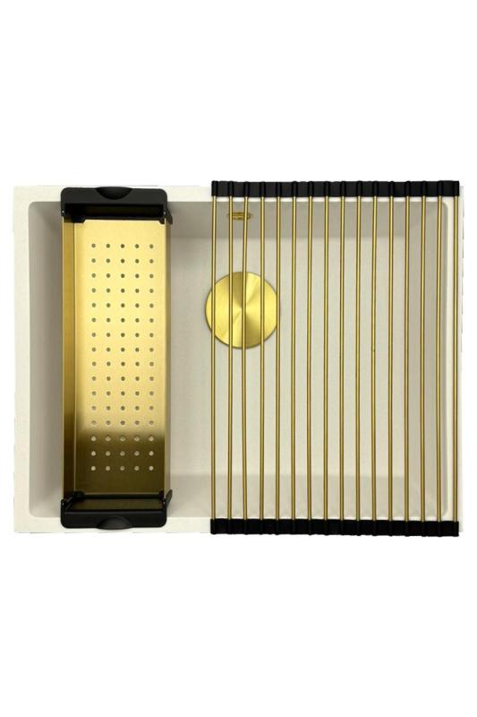 GraniteMy Universal graniittinen valkoinen pesuallas 55x40 cm valkoinen pinta-asennus, alta-asennus ja tasoasennus kultaisella tulppa 1208967155