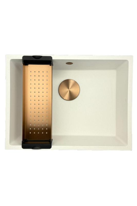 GraniteMy Universal graniittinen valkoinen pesuallas 55x40 cm, valkoinen, päälle asennettava, alta asennettava ja tasoon upotettava, messinkisellä tulppa 1208967156