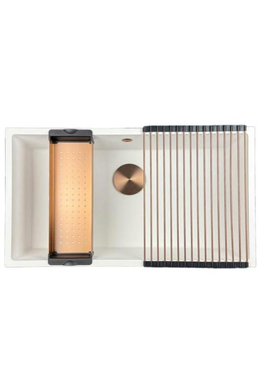 GraniteMy Universele granieten grote witte spoelbak 74x40 cm wit opbouw onderbouw en vlakbouw met koperen plugi 1208967162