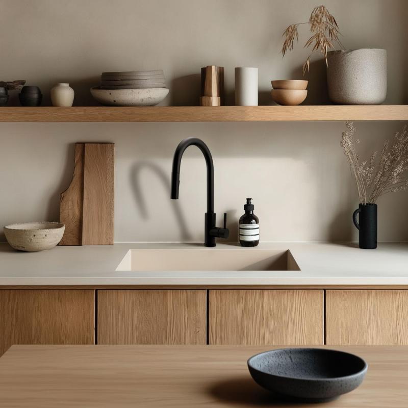 GraniteMy Universele granieten beige zand spoelbak 40x40 cm opbouw, onderbouw en vlakbouw met koperen plug 1208967210