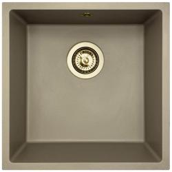 GraniteMy Universele granieten taupekleurige spoelbak 40x40 cm voor opbouw, onderbouw en vlakbouw met gouden plug 1208967215