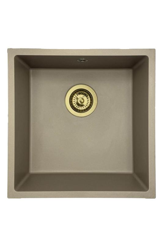 GraniteMy Universele granieten taupekleurige spoelbak 40x40 cm voor opbouw, onderbouw en vlakbouw met gouden plug 1208967215
