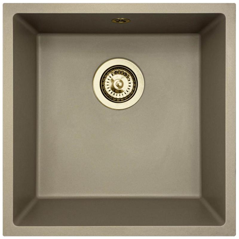 GraniteMy Universele granieten taupekleurige spoelbak 40x40 cm voor opbouw, onderbouw en vlakbouw met gouden plug 1208967215
