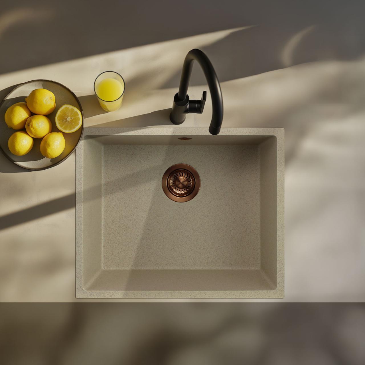 GraniteMy Universal graniittinen beige hiekkainen pesuallas 50x40 cm päällirakennus, alarakennus ja tasorakenne kuparitulppa 1208967221 - Productafbeelding 2