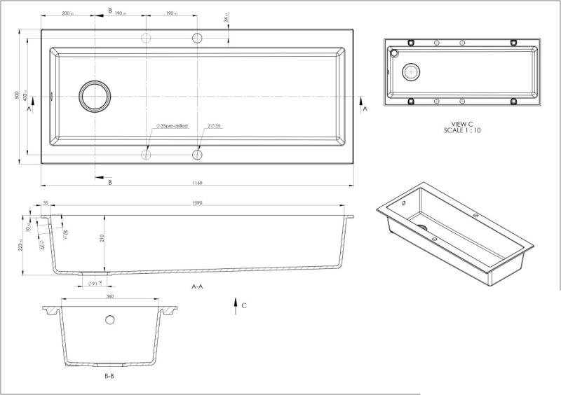 GraniteMy Trog graniittinen erittäin suuri musta pesuallas 116x50 cm musta päällinen hanareiällä ja ruostumattomasta teräksestä valmistetulla tulpalla 1208967236