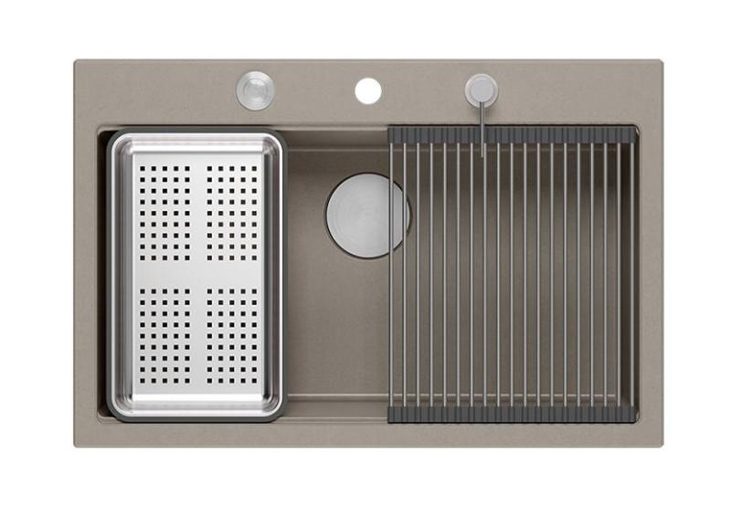 Quadri Hard Rock taupe graniittinen päältä asennettava suuri pesuallas 76x50cm, sisältäen ruostumattomasta teräksestä valmistetun tulpan ja tarvikkeet 1208967270