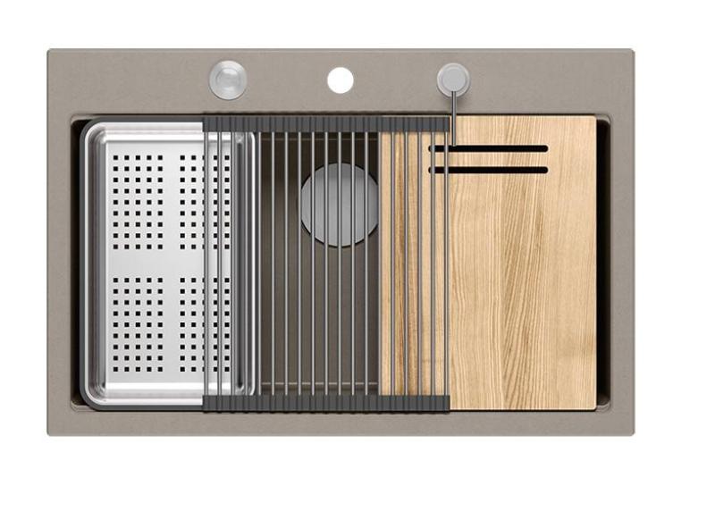 Quadri Hard Rock taupe graniittinen päältä asennettava suuri pesuallas 76x50cm, sisältäen ruostumattomasta teräksestä valmistetun tulpan ja tarvikkeet 1208967270