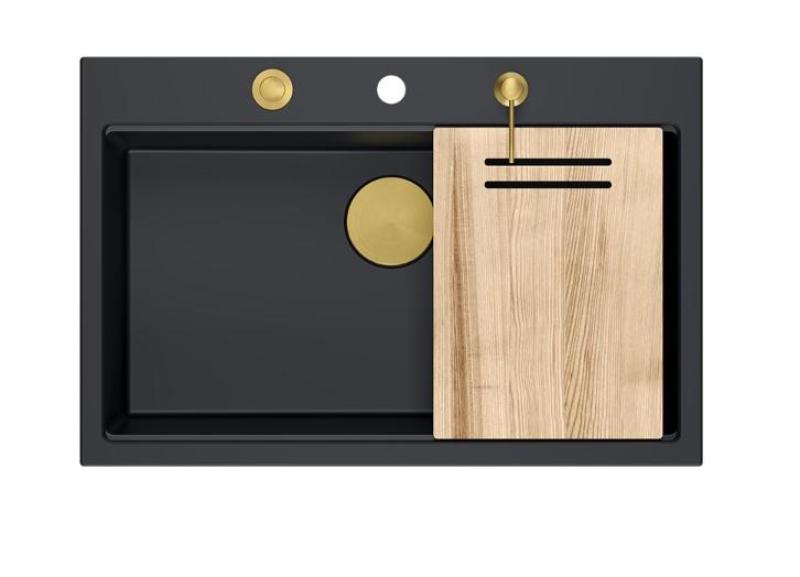 Quadri Hard Rock matta musta graniitti iso päälle asennettava pesuallas 76x50cm, sisältää kultaisen tulpan ja lisävarusteet 1208967277