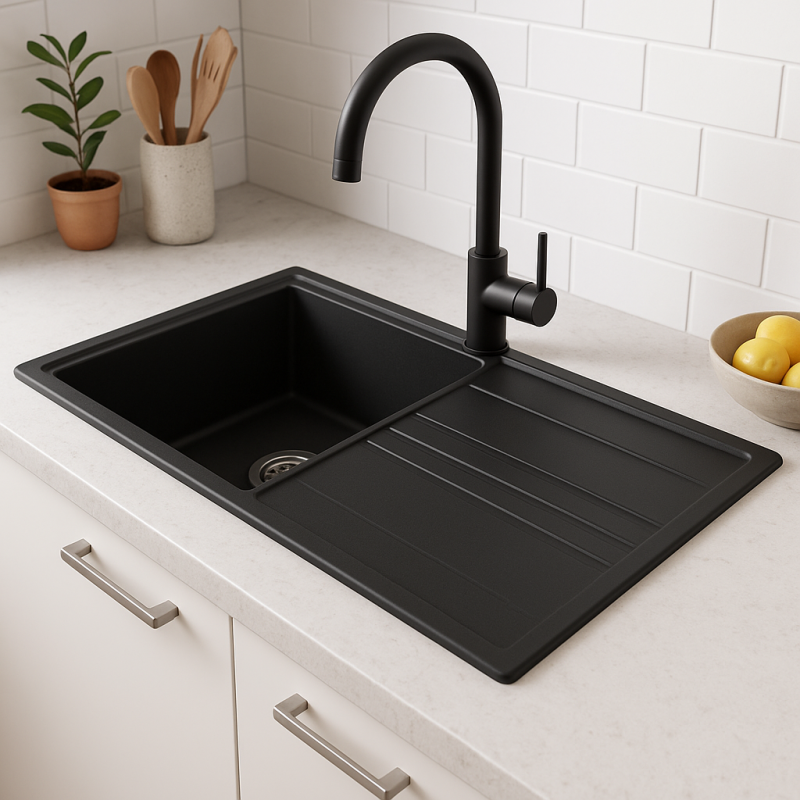 GraniteMy Vesi graniittinen päälle asennettava musta pesuallas 86x50cm, jossa on valutusalue, kääntyvä ruostumattoman teräksen tulppa 1208967279