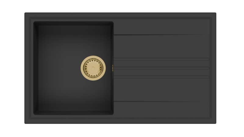 GraniteMy Vesi graniittirakenteinen musta tiskiallas 86x50cm, kääntyvä tippa-alue kultaisella tulppalla 1208967289
