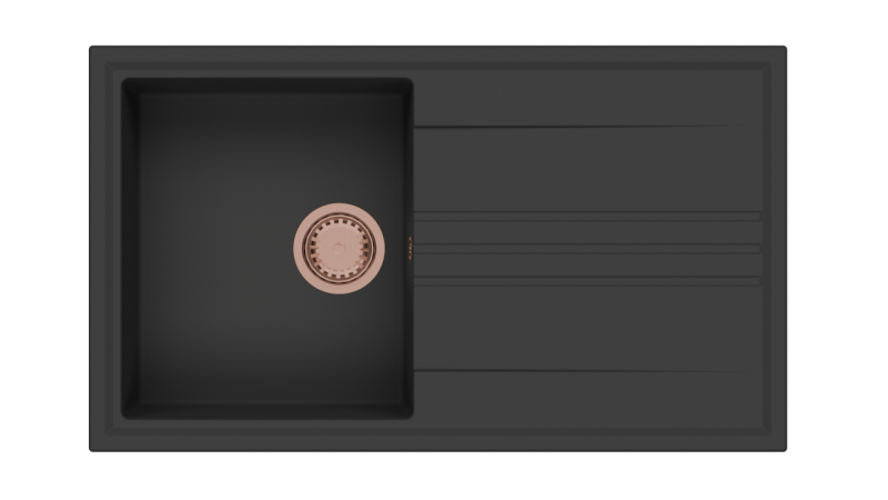 GraniteMy Vesigraniitti pintaan asennettava musta pesuallas 86x50cm, jossa on kuivausalue, kääntyvä, kuparitulppa 1208967290