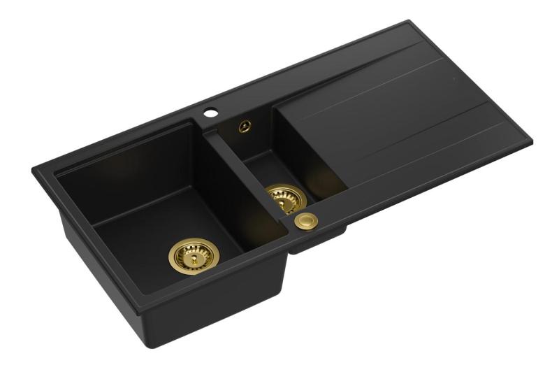 Quadri Luton mustasta graniitista valmistettu päälle asennettava 1,5 altaalla ja valutustasolla, käännettävä 100x50cm kultaisella tulpalla 1208967346