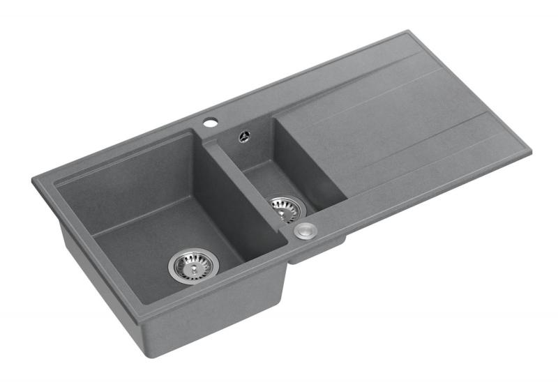 Quadri Luton harmaa graniittinen pintakiinnitteinen 1,5 altaan pesuallas valutusalueella, käännettävä, 100x50cm, ruostumattomasta teräksestä valmistetulla tulppalla 1208967350