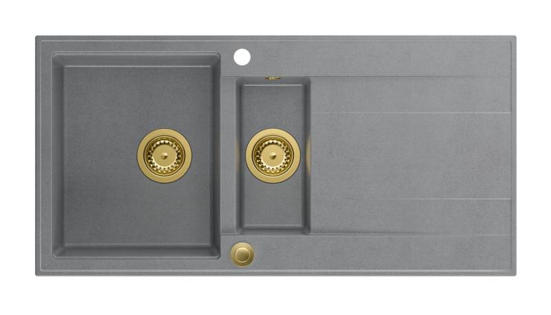 Quadri Luton harmaa graniittinen päälle asennettava 1,5-altainen tiskiallas valutustasolla, käännettävä, 100x50cm, kullanvärisellä pohjatulpalla 1208967351