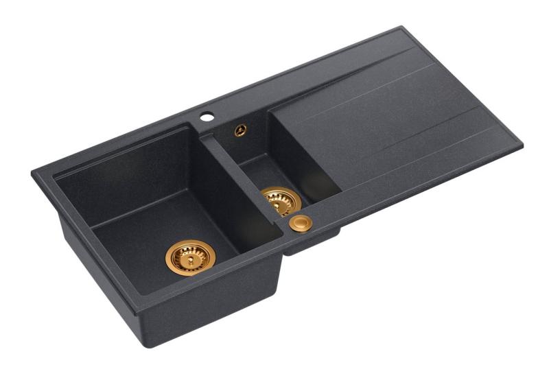 Quadri Luton antrasiitinharmaa graniittinen päälleasennettava 1,5 altaan tiskipöytä valutusalueella, käännettävä, 100x50 cm, kuparisella tulppalla 1208967355