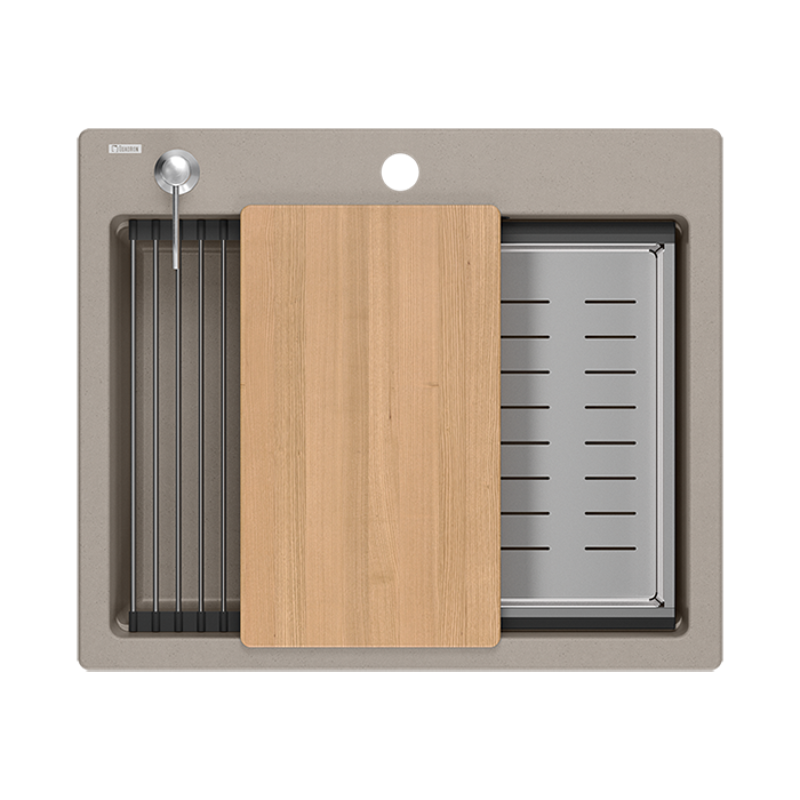 Quadri Durham taupe graniitti päällekkäinen pesuallas 595x500 saippuadispenserilla, leikkuulaudalla, upotusaltaalla ja rullamattolla 1208967376