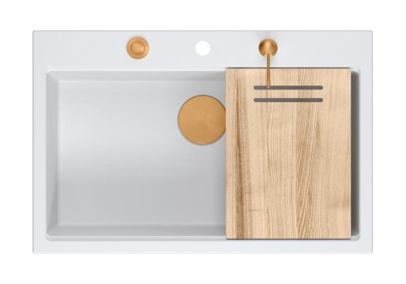 Quadri Hard Rock valkoinen graniittinen päältä asennettava suuri pesuallas 76x50cm, sisältää kuparisen tulpan ja tarvikkeet 1208967428