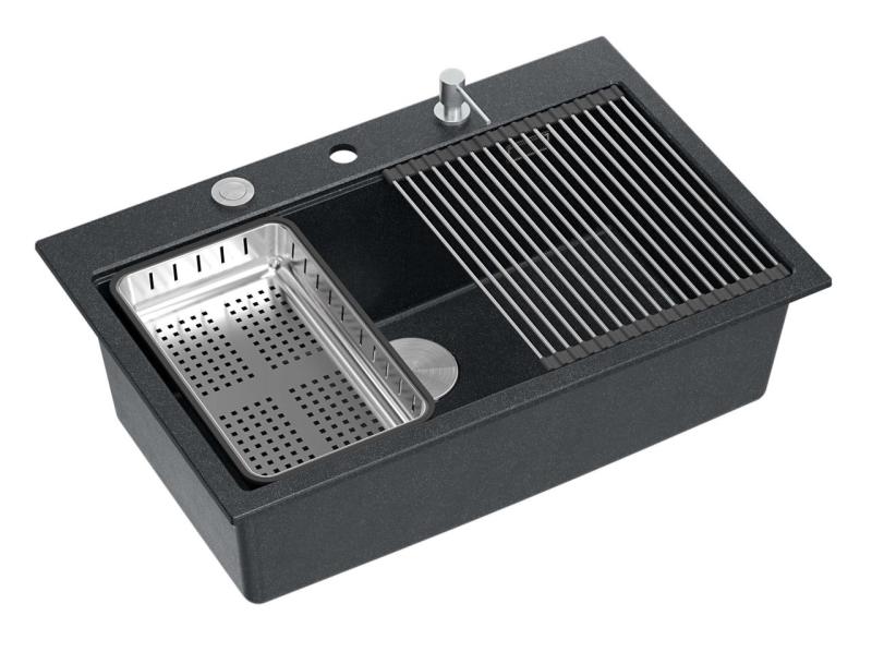 Quadri Hard Rock antrasiitinharmaa graniittinen päällinen suuri pesuallas 76x50 cm sisältää ruostumattomasta teräksestä valmistetun tulpan ja tarvikkeet 1208967442