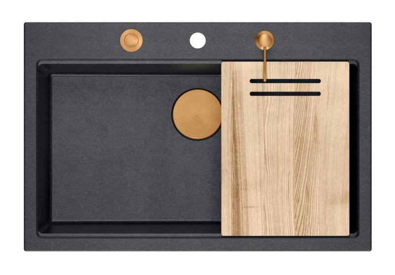 Quadri Hard Rock antrasiitin värinen graniittinen päältä asennettava iso pesuallas 76x50 cm, sisältää kuparisen tulpan ja tarvikkeet 1208967445