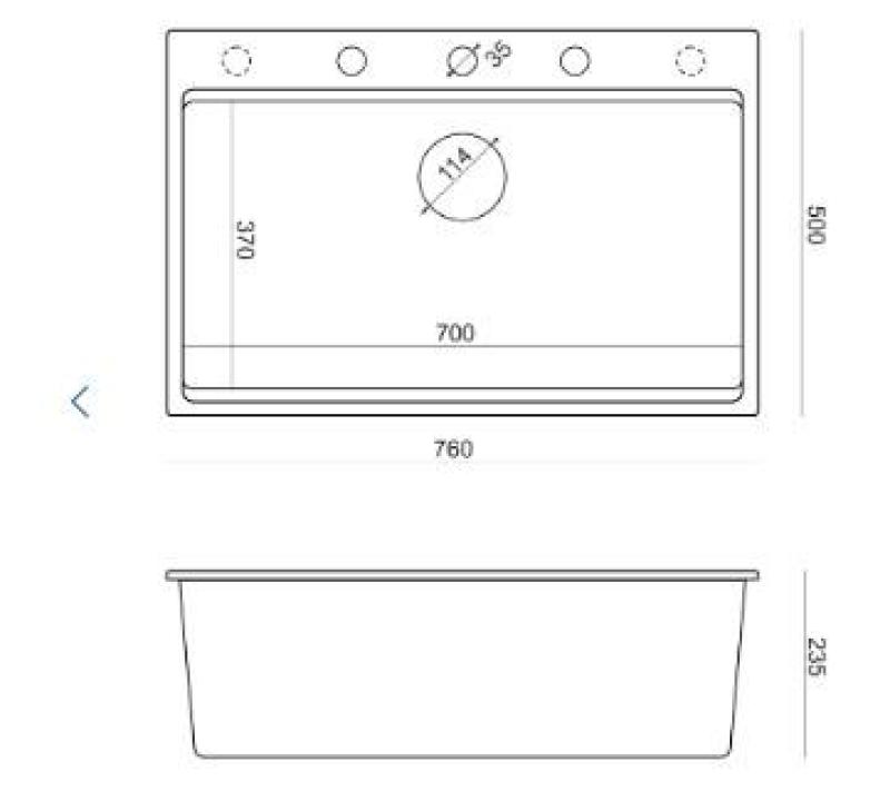 Quadri Hard Rock antrasiitin värinen graniittinen päältä asennettava iso pesuallas 76x50 cm, sisältää kuparisen tulpan ja tarvikkeet 1208967445