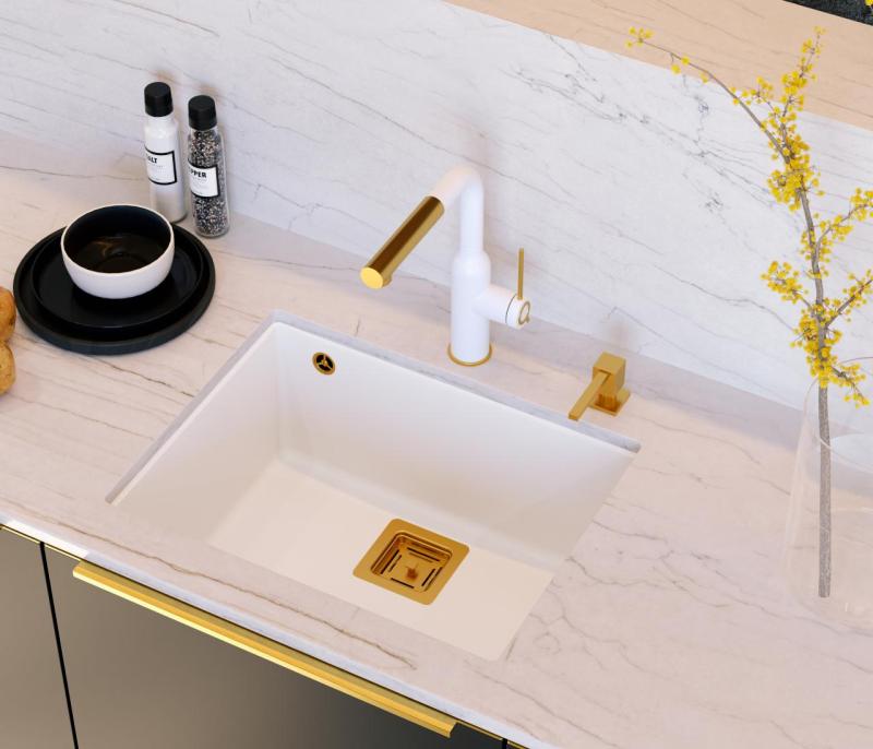 Quadri Quadrangle valkoinen graniitti upotettava pesuallas 55x42 cm kuparisella tulppalla 1208967478