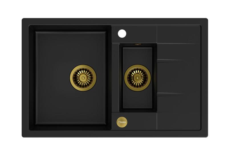 Quadri Brenton musta graniitti päälleasennettava 1,5 altaan allas kuivaustasolla 78x50cm kultaisella tulppa 1208967554