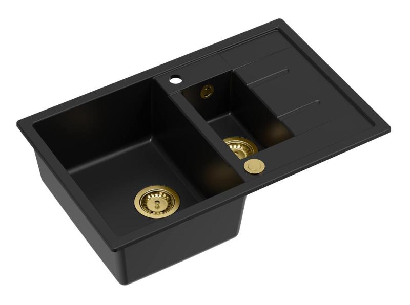 Quadri Brenton musta graniitti päälleasennettava 1,5 altaan allas kuivaustasolla 78x50cm kultaisella tulppa 1208967554