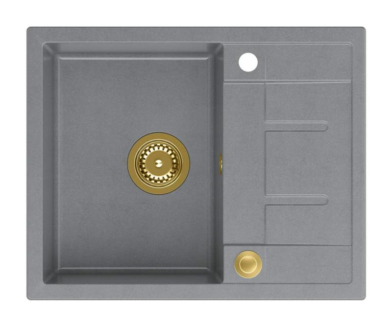 Quadri Dalton harmaa graniittinen päälle asennettava tiskiallas kuivaustasolla 62x50cm kultaisella tulppalla 1208967565