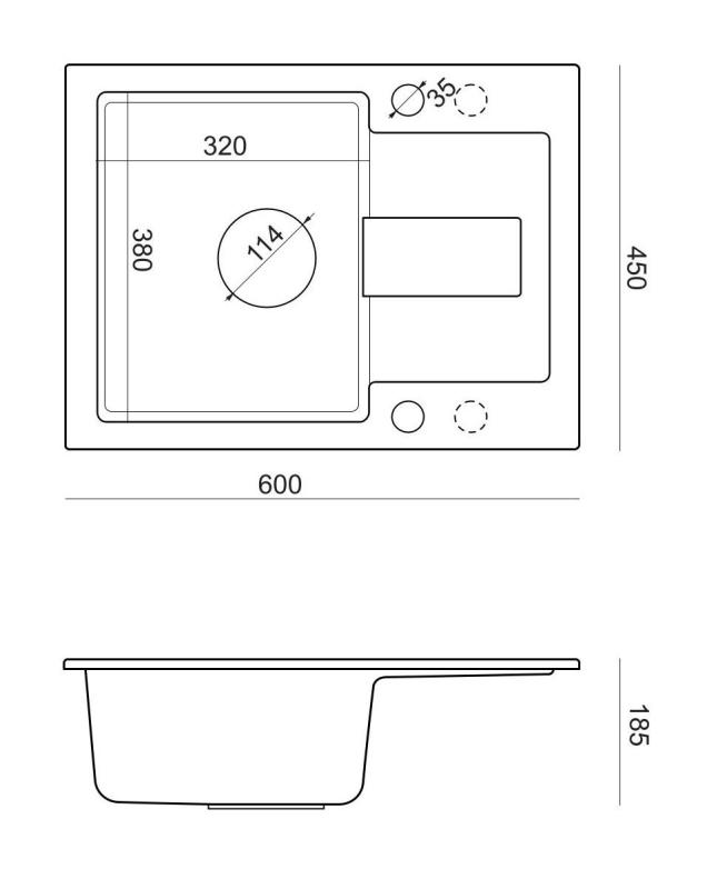 Quadri Sutton Antrasiitti Graniitti Päällinen Altaan 60x45cm kuivaustasolla, Käännettävä mustalla tulppalla - 1208967586