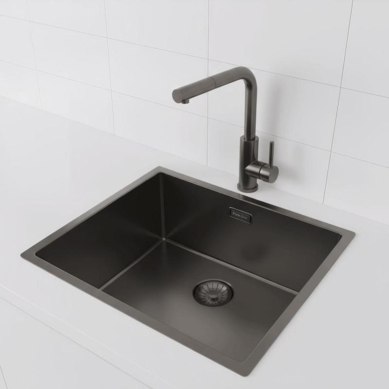 Pure.Sink Prestige -allas 50x40 cm PVD Gun Metal 10 mm säde, alapuolinen, tasoon asennettava ja päälle asennettava PPG5040-61.