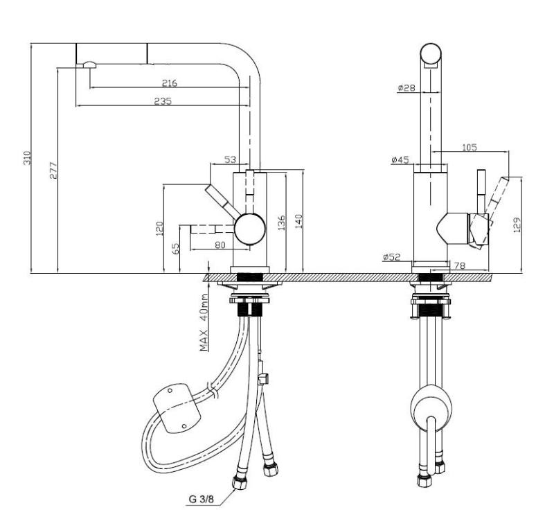 Pure.Sink Elite Steel Spark-S keittiöhana ruostumattomasta teräksestä, ulosvedettävällä juoksuputkella PS8041-02
