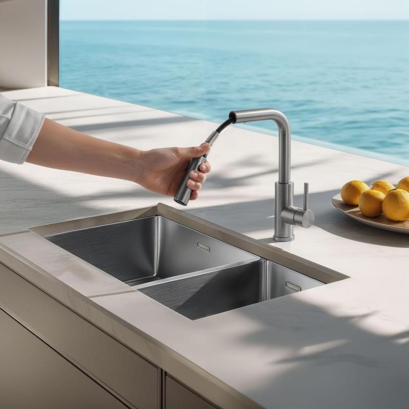 Pure.Sink Elite Steel Spark-S keittiöhana ruostumattomasta teräksestä, ulosvedettävällä juoksuputkella PS8041-02
