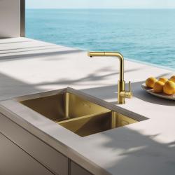 Pure.Sink Elite Steel Spark-S keittiöhana PVD Harjattu kulta, ulosvedettävä juoksuputki PS8041-60