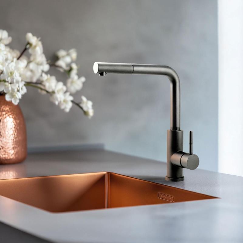 Pure.Sink Elite Steel Spark-S keittiöhana PVD Gun Metal ulosvedettävällä juoksuputkella PS8041-61