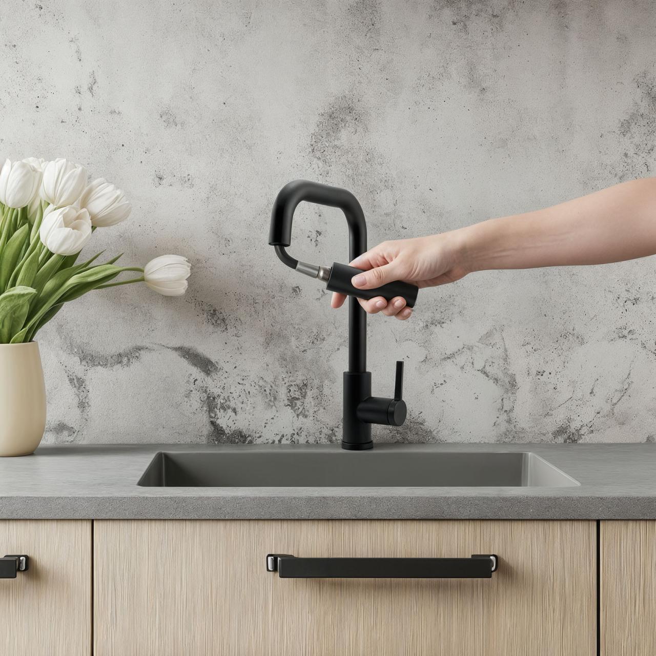 Pure.Sink Elite Steel Crystal-S keittiöhana Matta musta, ulosvedettävä juoksuputki PS8050-10 - Productafbeelding 2