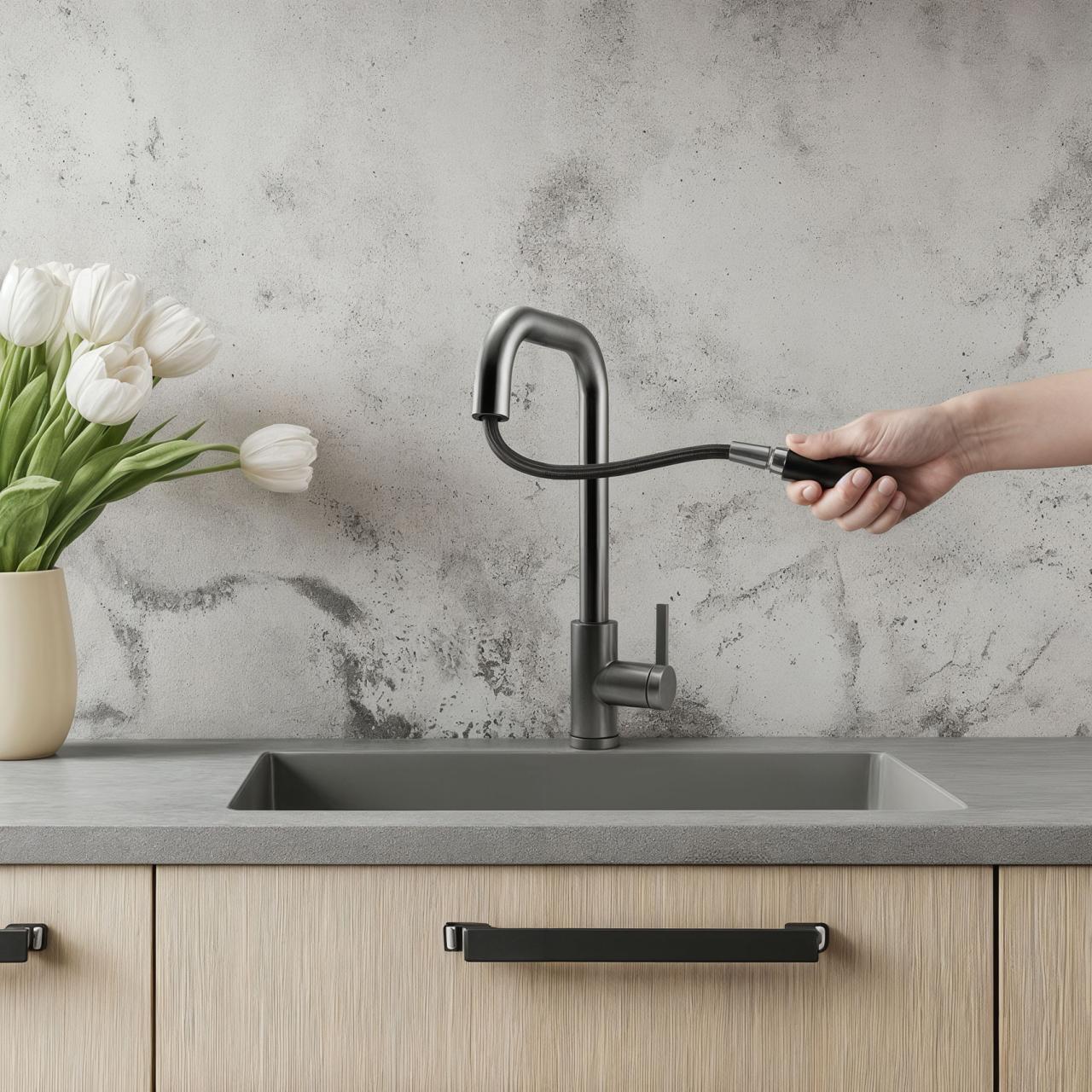 Pure.Sink Elite Steel Crystal-S keittiöhana PVD Gun metal -viimeistelyllä, jossa on ulosvedettävä juoksuputki PS8050-61 - Productafbeelding 2