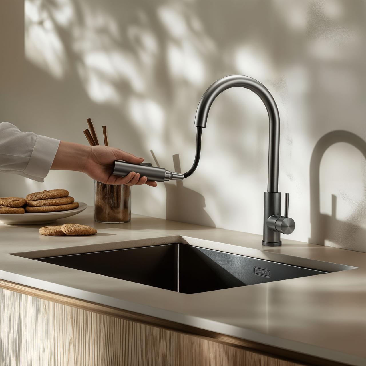 Pure.Sink Elite Steel Stream-S keittiöhana PVD Gun Metal ulosvedettävällä juoksuputkella PS8045-61 - Productafbeelding 2