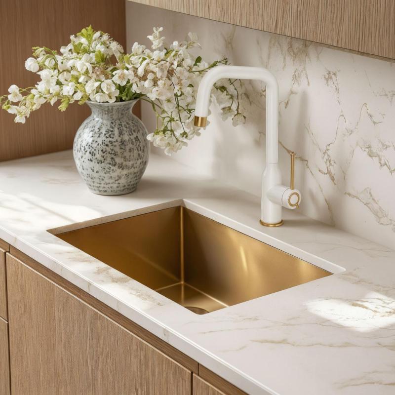 Quadri Stamford Keittiöhana, valkoinen PVD-kultapinnoitteella ja kääntyvällä kulmikkaalla juoksuputkella 1208967697