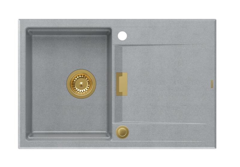 Quadri Minton Graniitti Päällirakenteinen Harmaa Pesuallas 76x50cm Käännettävällä Kuivausalustalla ja Kultaisella Tulppalla - 1208967742
